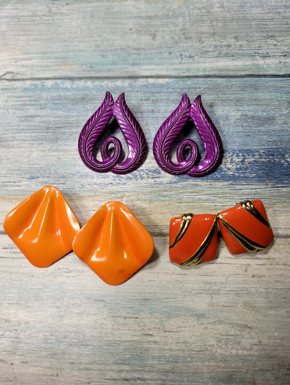 Vintage Purple Leaf and Orange Earrings Set - Bold Color Block Styles